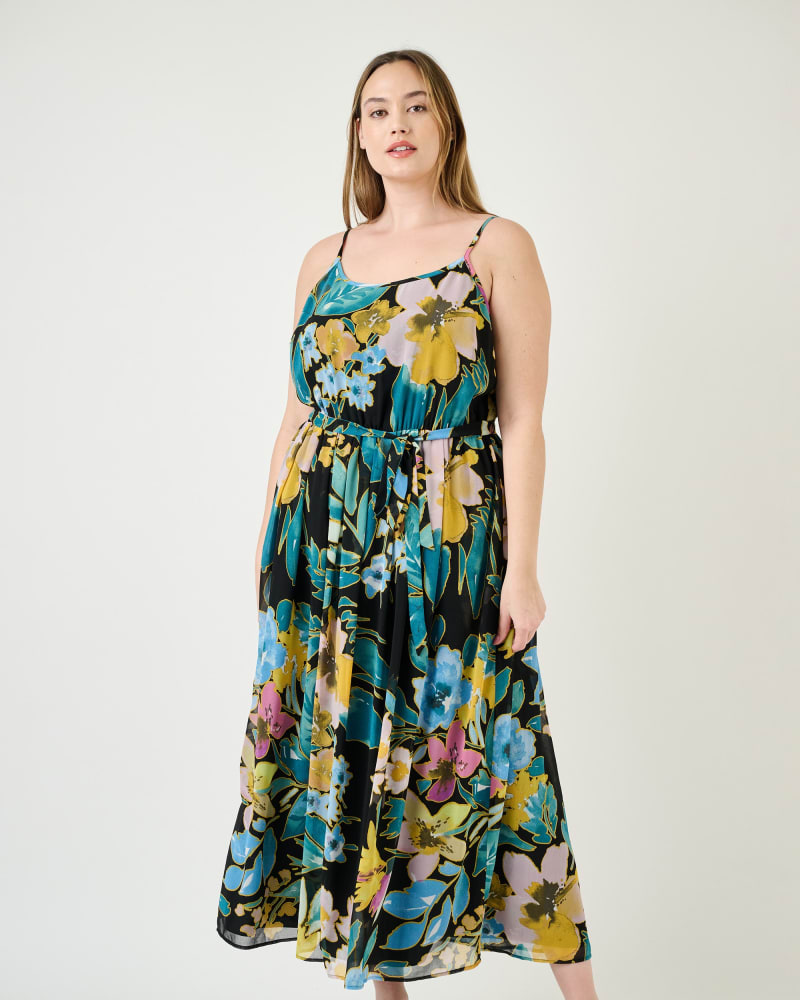Front of a model wearing a size 2X Kimber Floral Maxi Tank Dress in K724 Black by Daniel Rainn. | dia_product_style_image_id:271864